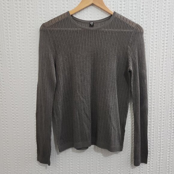 Uniqlo Open Knit Sheer Long Sleeve Top Gray Size Small Lightweight Beachy - Picture 2 of 11